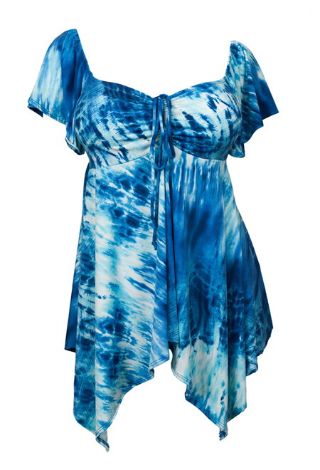 Plus size Deep V-neck Asymmetric Slimming Top Blue Sublimation Print Photo 1