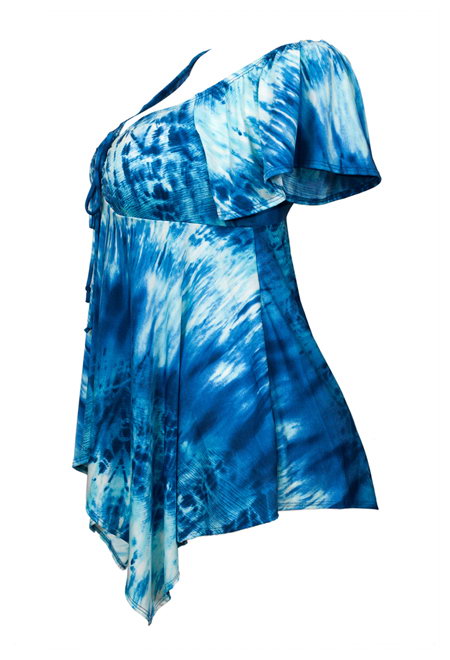 Plus size Deep V-neck Asymmetric Slimming Top Blue Sublimation Print Photo 2