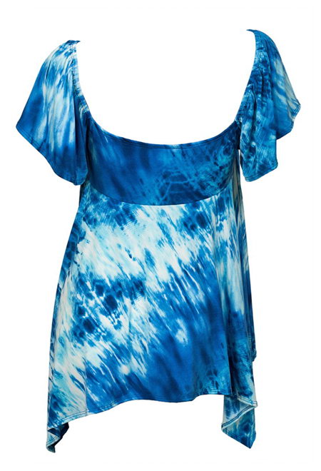 Plus size Deep V-neck Asymmetric Slimming Top Blue Sublimation Print Photo 3