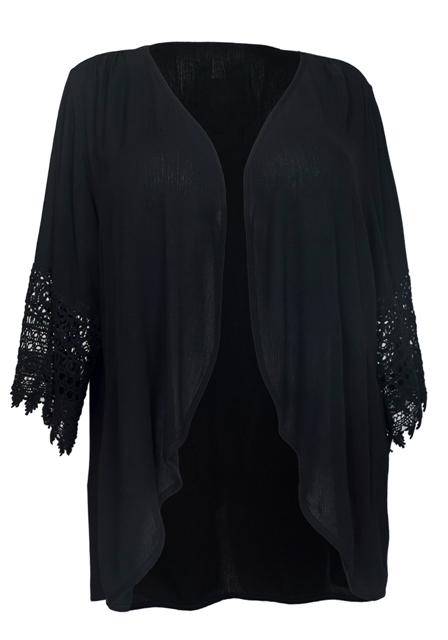 Plus Size Crochet Detail Open Front Cardigan Black Photo 1