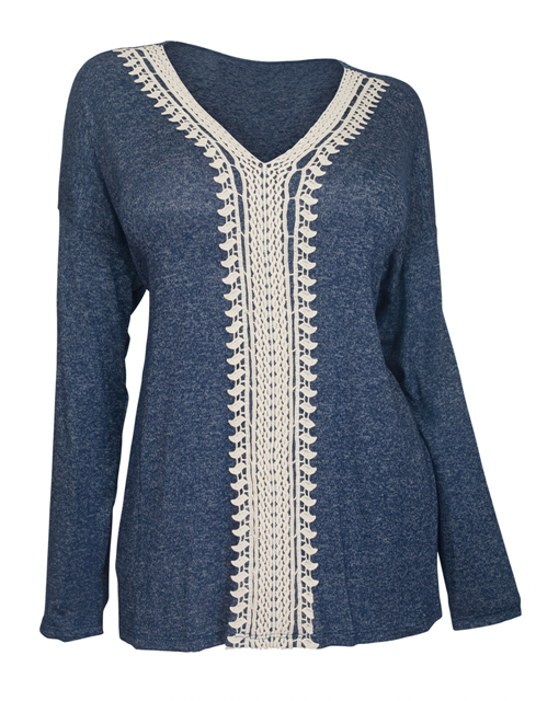 Plus Size Crochet Inset Long Sleeve Top Blue Photo 1