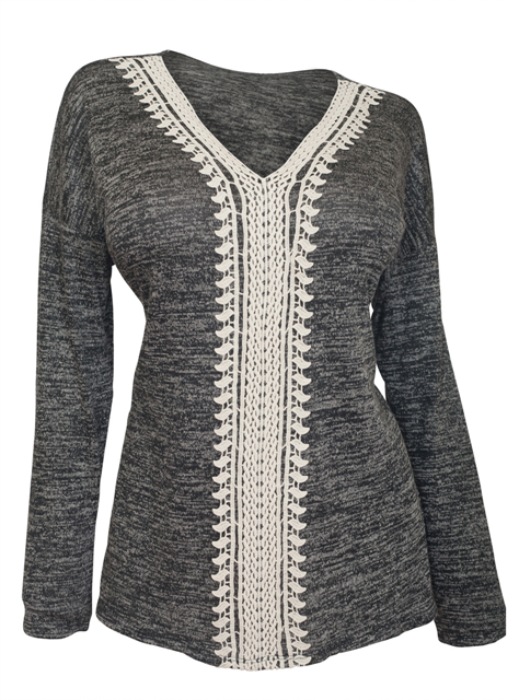 Plus Size Crochet Inset Long Sleeve Top Gray Photo 1