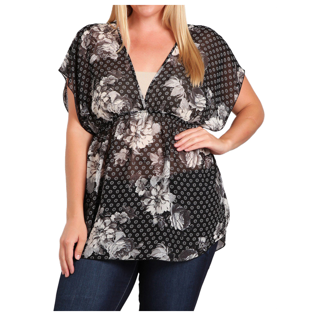 Plus Size Sheer Deep Cut V-Neck Floral Print Tunic Top Black 17109 Photo 1