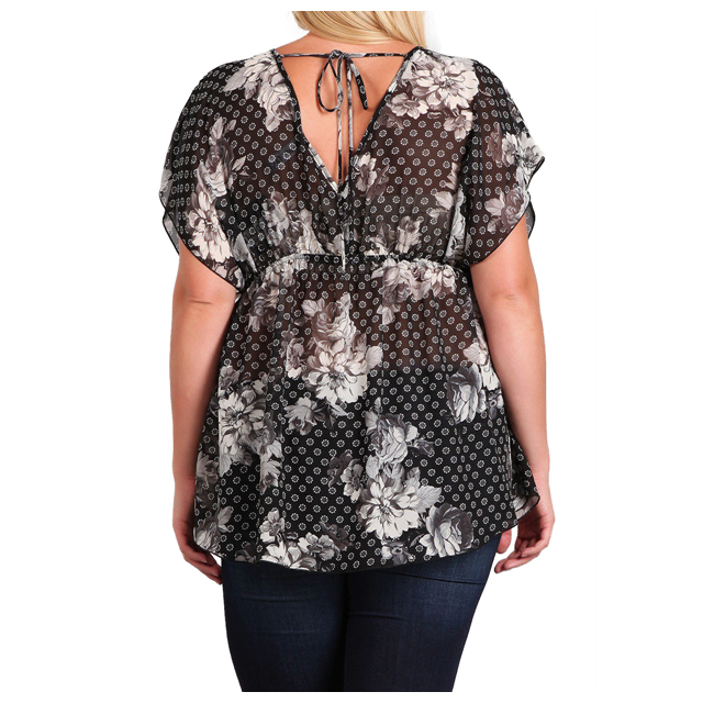 Plus Size Sheer Deep Cut V-Neck Floral Print Tunic Top Black 17109 Photo 2