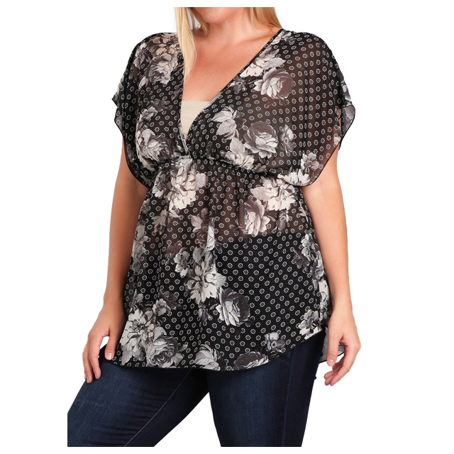 Plus Size Sheer Deep Cut V-Neck Floral Print Tunic Top Black 17109 Photo 2