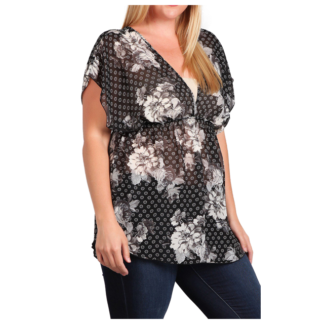 Plus Size Sheer Deep Cut V-Neck Floral Print Tunic Top Black 17109 Photo 2