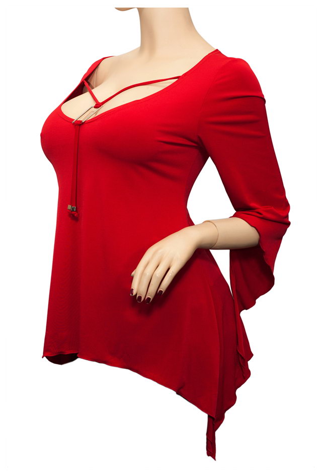 Plus size Deep Cut Pendant Accented Slimming Top Hot Red Photo 3