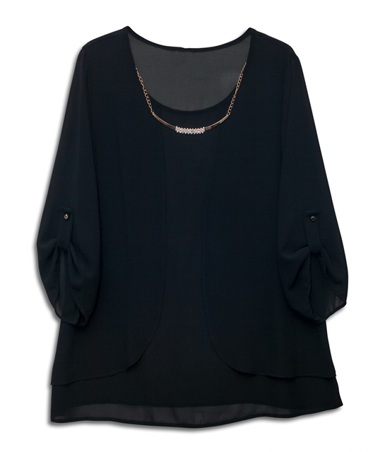 Plus size Layered Long Sleeve Chiffon Necklace Top Black Photo 1