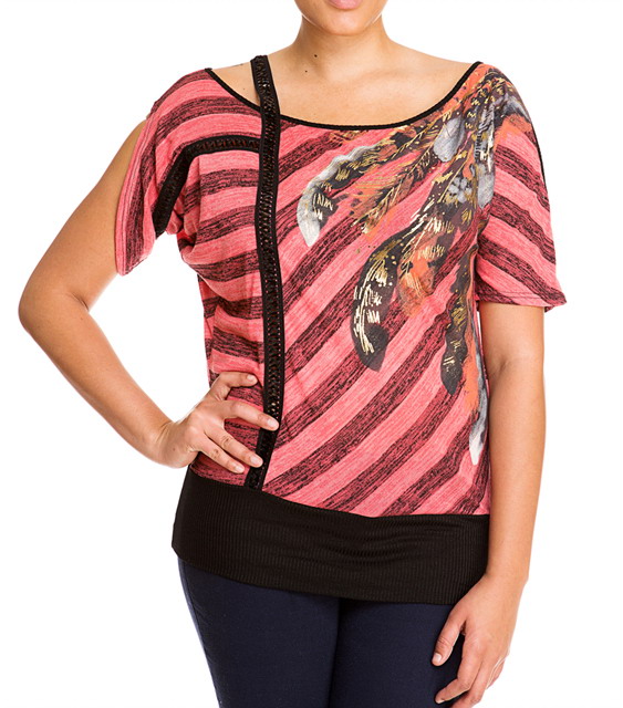 Plus Size Designer Print Off Shoulder Top Coral Photo 1