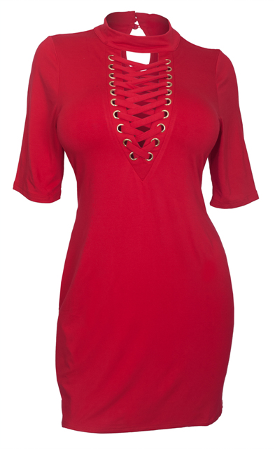 Plus Size Mock Turtleneck Lace Up Dress Red Photo 1