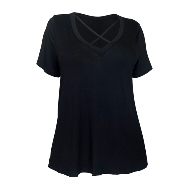 Women's Cross Keyhole Short Sleeve Top Black Photo 1