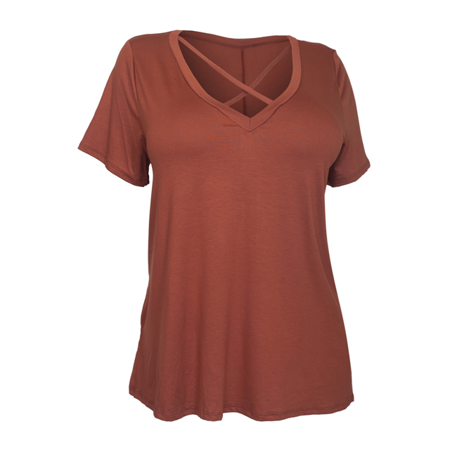 Women's Cross Keyhole Short Sleeve Top Rust Photo 1