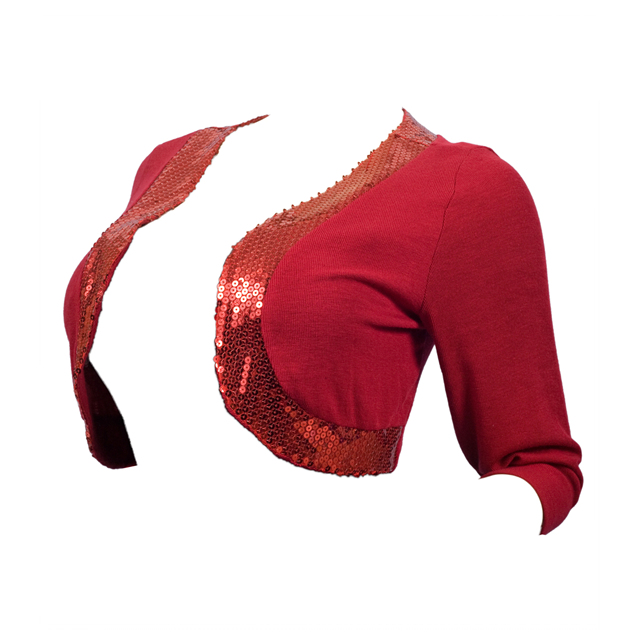 Womens' Sequin Trim 3/4 Sleeve Cropped Bolero Shrug Red Photo 3