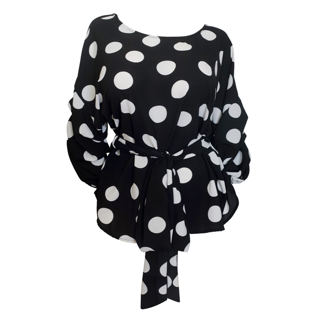 Plus Size Round Neck Chiffon Wrap Back Top Polka Dot Print Black Photo 1