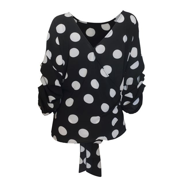 Plus Size Round Neck Chiffon Wrap Back Top Polka Dot Print Black Photo 2