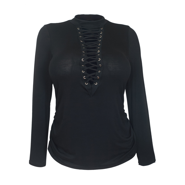 Women's Mock Neck Lace Up Long Sleeve Top Black Photo 1