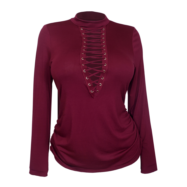 Women's Mock Neck Lace Up Long Sleeve Top Wine Photo 1