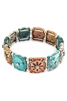 Engraved Arrow Metal Stretch Bracelet Patina Turquoise