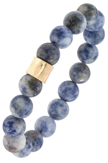 Semi Precious Stone Hammered Metal Bead Stretch Bracelet Blue