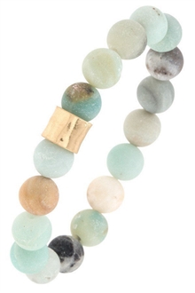 Semi Precious Stone Hammered Metal Bead Stretch Bracelet Chalcedony