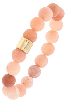 Semi Precious Stone Hammered Metal Bead Stretch Bracelet Pink