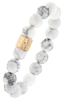 Semi Precious Stone Hammered Metal Bead Stretch Bracelet White