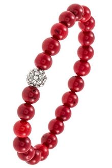 Rhinestone Orb Semi Precious Bead Stretch Bracelet Red