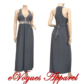 Plus Size Low Cut V-Neck Empire Waist Maxi Dress Gray