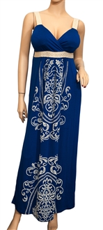 Plus Size Embroidery Print Empire Waist Maxi Dress Blue