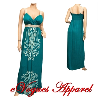 Plus Size Embroidery Print Empire Waist Maxi Dress Green