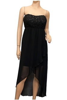 Plus size Sequined Bodice High-Low Chiffon Dress Black