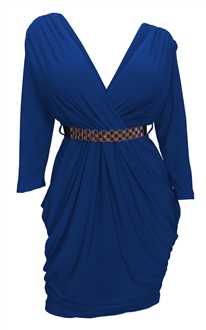 Plus size Deep V-Neck Wrap Bodice Long Sleeve Dress Royal Blue