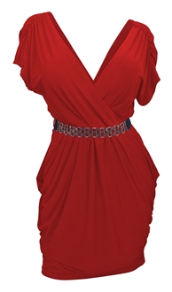 Plus size Deep V-Neck Wrap Bodice Dress Red