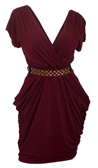 Plus size Deep V-Neck Wrap Bodice Dress Burgundy