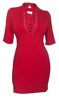 Plus Size Mock Turtleneck Lace Up Dress Red