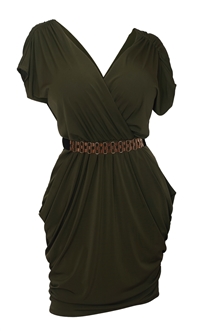 Plus size Deep V-Neck Wrap Bodice Dress Dark Olive Green