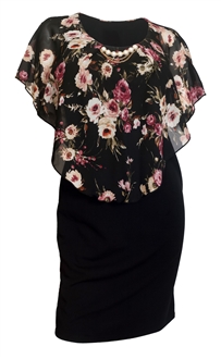 Plus Size Layered Poncho Dress Floral Print Black 18329