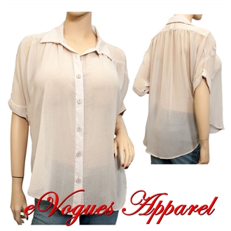 Plus Size Short Sleeve Sheer Blouse Beige