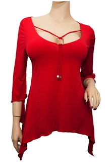 Plus size Deep Cut Pendant Accented Slimming Top Hot Red