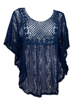 Plus Size Sheer Crochet Lace Poncho Top Navy Blue