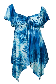 Plus size Deep V-neck Asymmetric Slimming Top Blue Sublimation Print