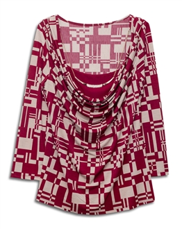 Plus size Layered Long Sleeve Top With Necklace Detail Abstract Print Burgundy