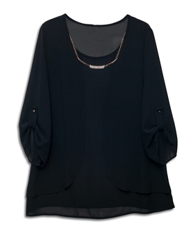 Plus size Layered Long Sleeve Chiffon Necklace Top Black