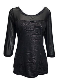 Plus Size Mesh-Yoke Wide Scoop Neck Top Black Gray