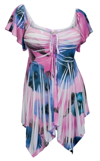 Plus size Deep V-neck Asymmetric Slimming Top Pink Sublimation Print 2