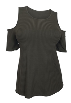 Plus Size Round Neck Ribbed Off Shoulder Top Dark Olive