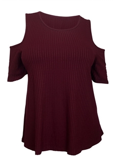 Plus Size Round Neck Ribbed Off Shoulder Top Burgundy