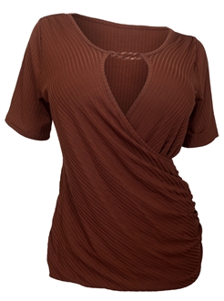 Plus Size Low Cut Wrap Bodice Top Brown