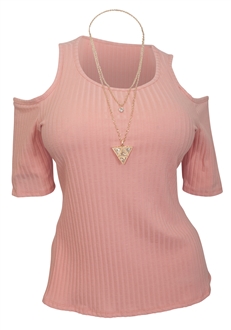 Plus Size Ribbed Off Shoulder Round Neck Top Pink