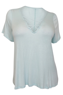 Plus Size Lace Up V-Neck Top Sky Blue